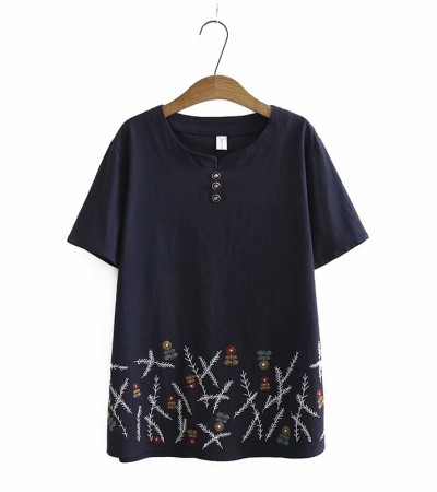 加大码白色红色女式花朵刺绣衬衫短袖夏季衬衫复古上衣 加大码白色红色女式花朵刺绣衬衫短袖夏季衬衫复古上衣